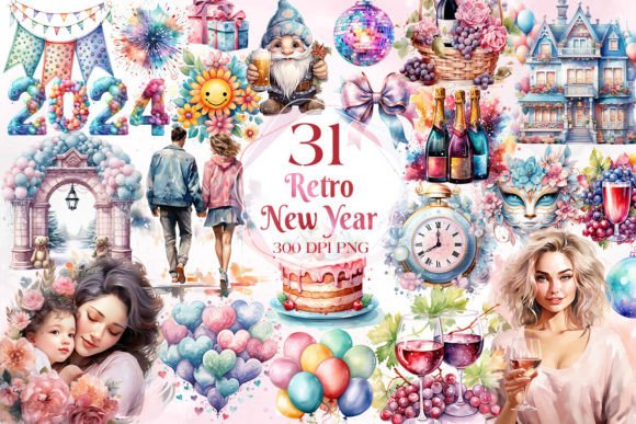 Download Retro Happy New Year Sublimation Clipart - Year Collection